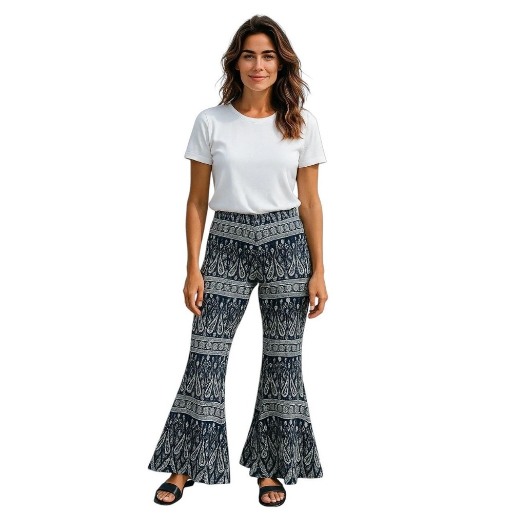 Windsor Dark Navy White Paisley  Patterned Flowy Bohemian Flare Pants Size Small